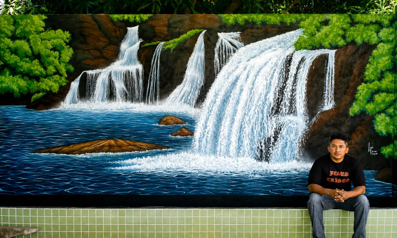 Painel de cachoeira com vegetação tropical e o artista sentado à frente.
